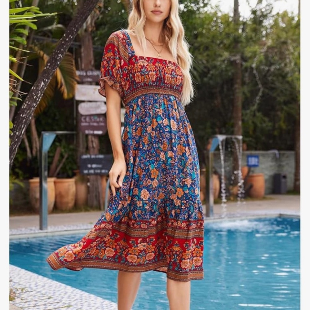 Blue and red floral midi dress